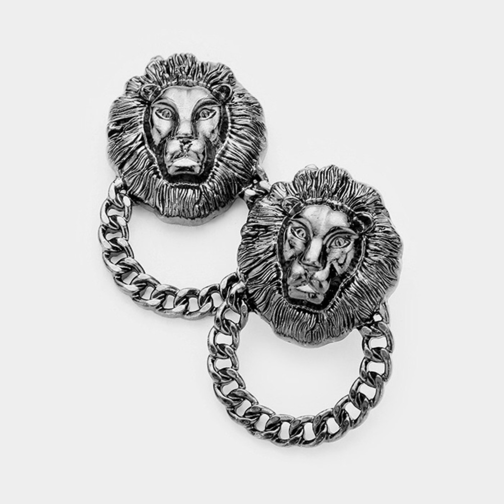 Hematite Lion Accented Chain Knocker Statement Earrings